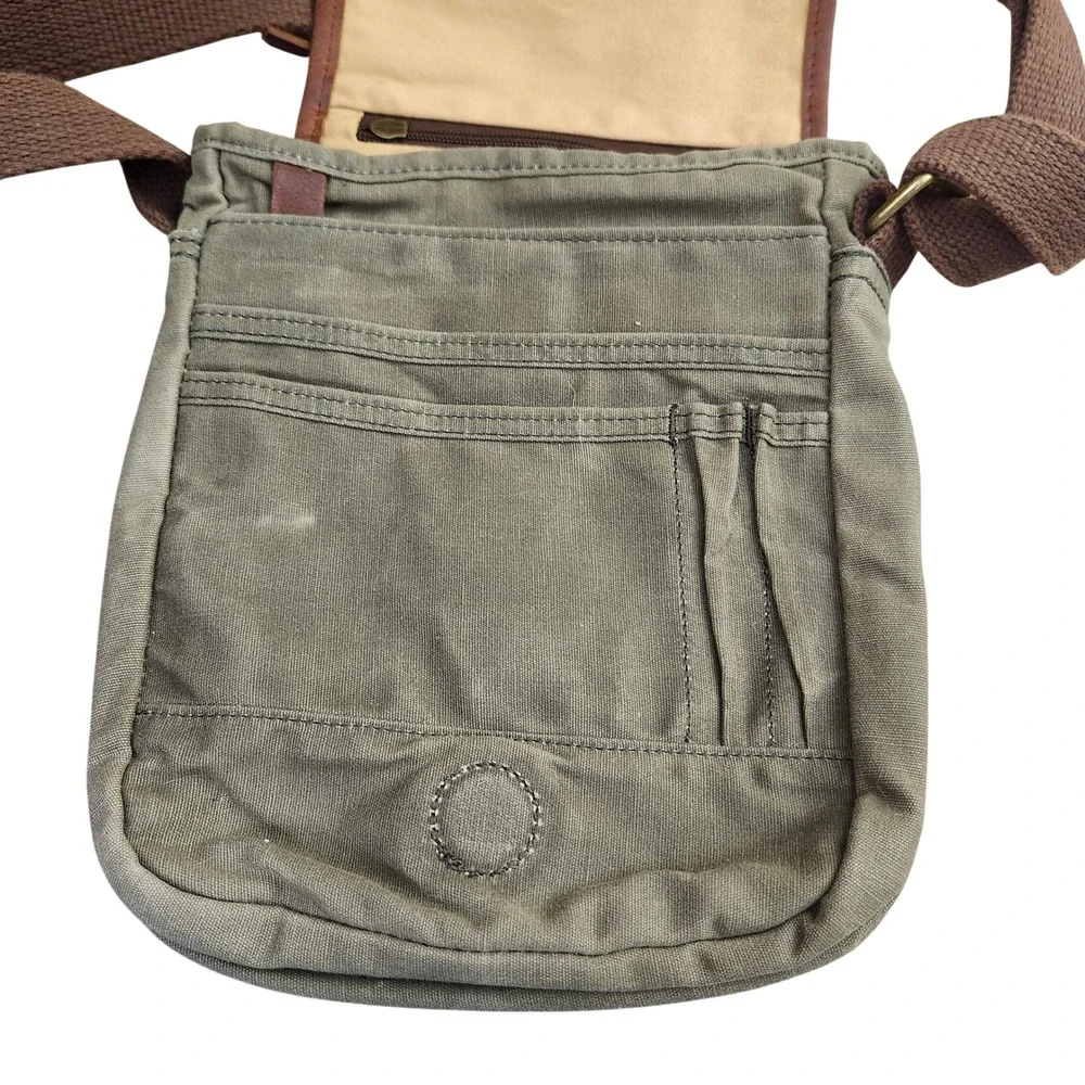 Duluth Trading Co Olive Green Canvas Leather Trim Field Messenger Crossbody Bag